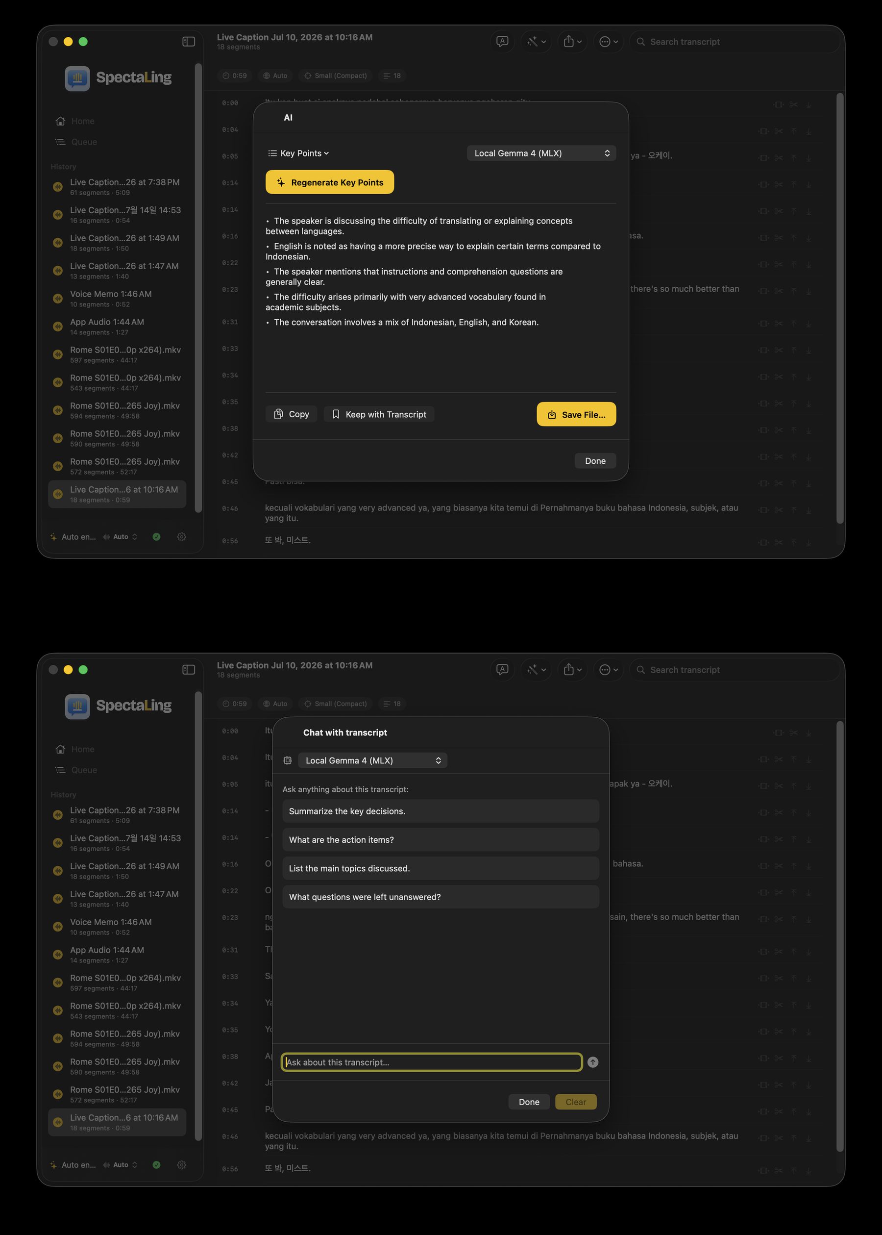 SpectaLing's AI panel turning a transcript into key points with on-device Gemma