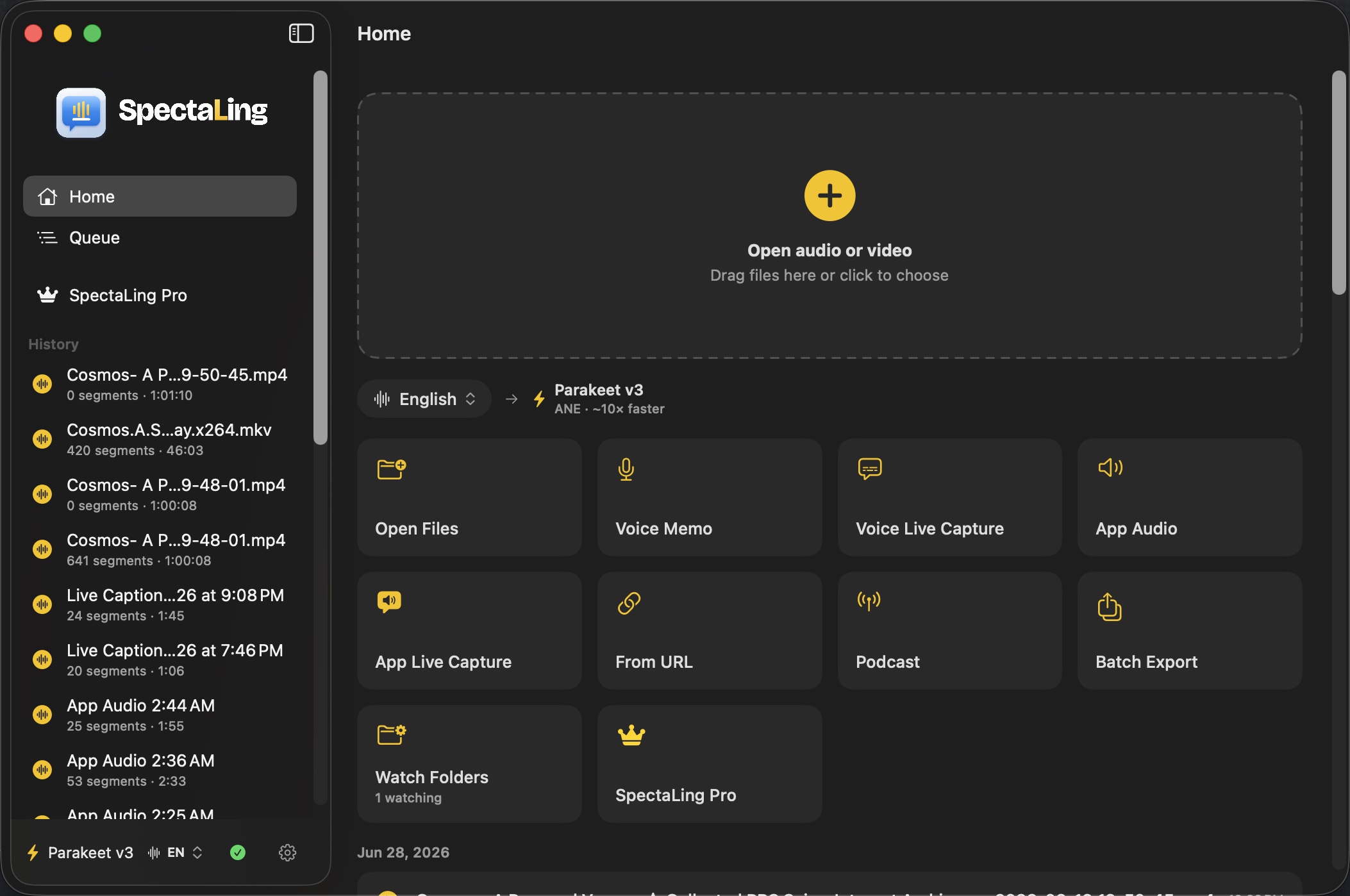 SpectaLing on Mac — transcripts, language→engine bar, and action grid